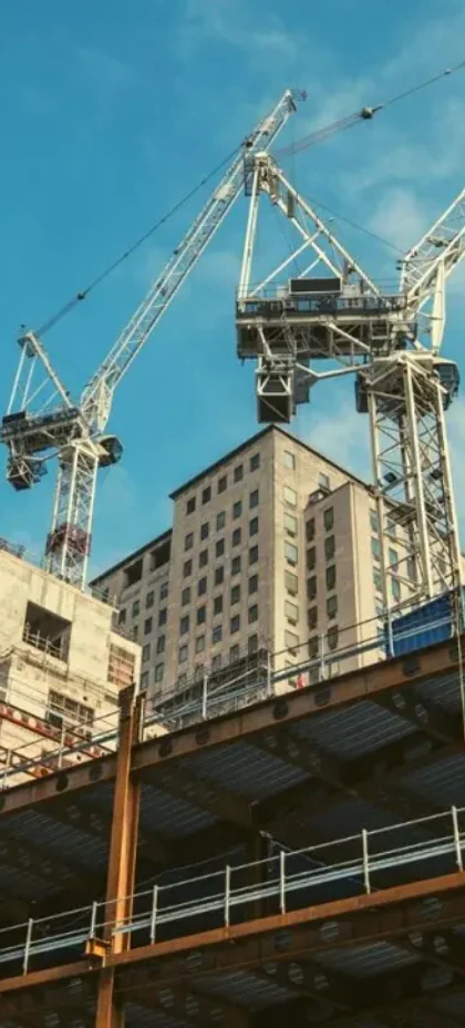Grúas torre sobre edificio en construcción con estructura metálica